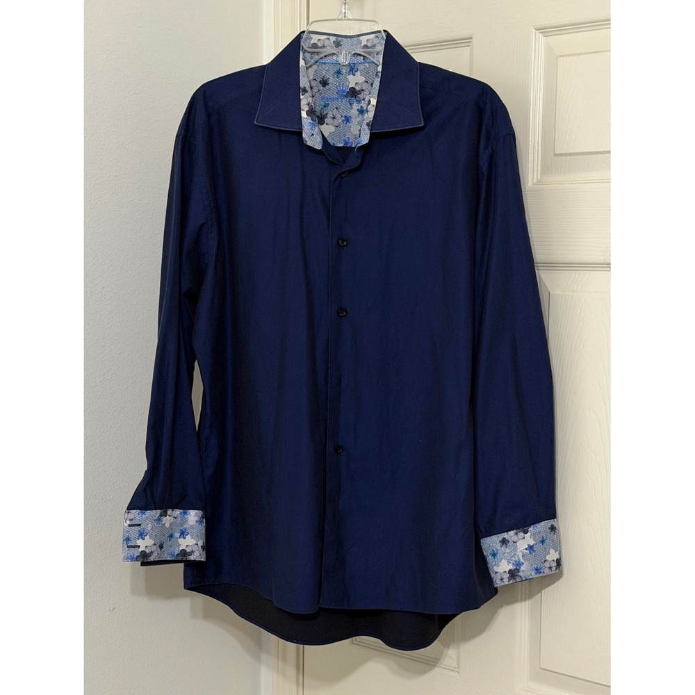 Bertigo Mens sz XL Navy Blue Long Sleeve Shirt Floral Designer Nightlife